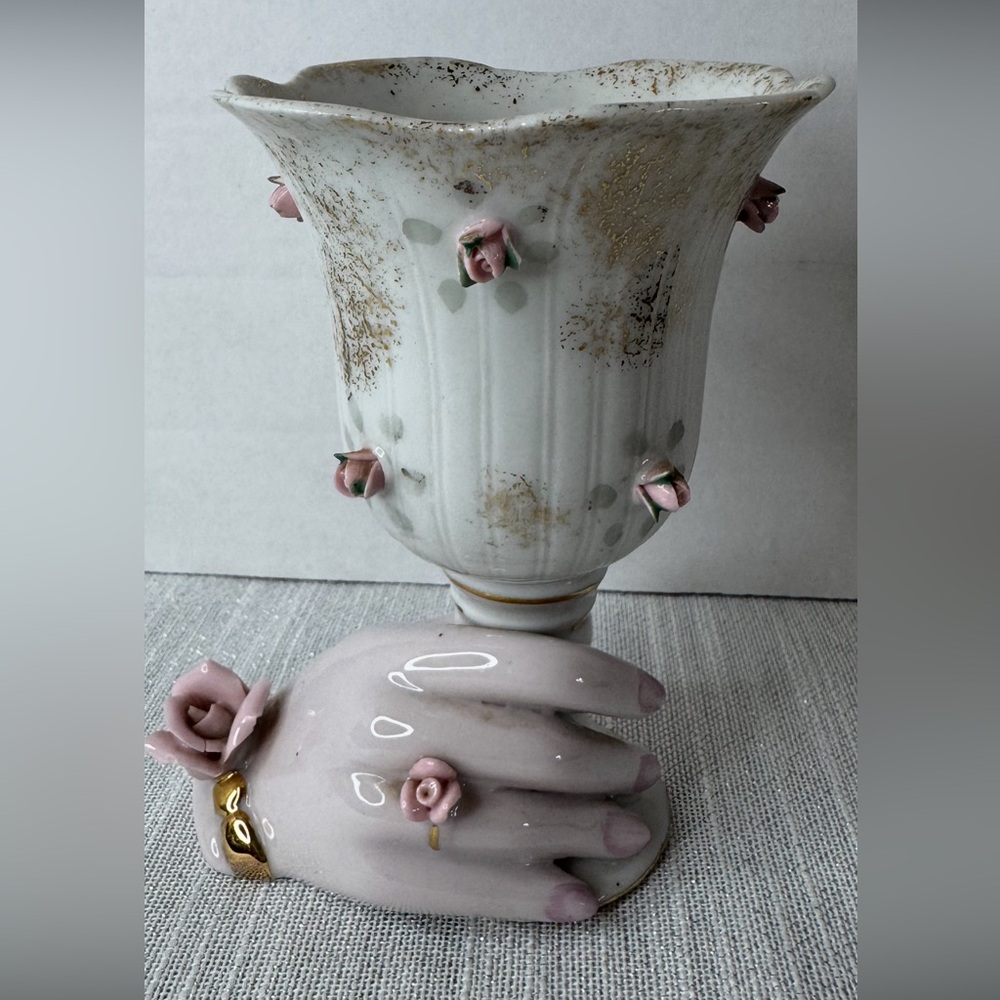 Lefton VTG Rose Bud Hand Holding Vase Planter Gold Flake Hand Painted Porcelain